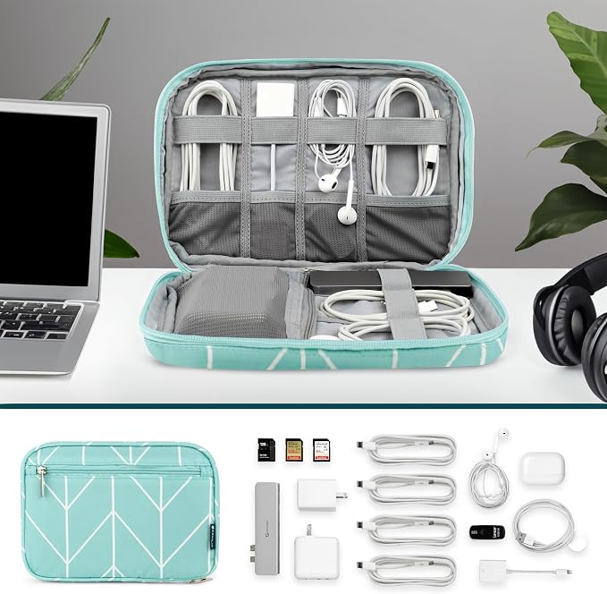 PAVILIA Travel Cord Organizer Case for Cables & Chargers, Teal Blue | 10 x 6.8 x 1.7 in 600D water-repellent electronics bag pouch with 7 loops, 5 mesh pockets, front zip pocket and dual zippers