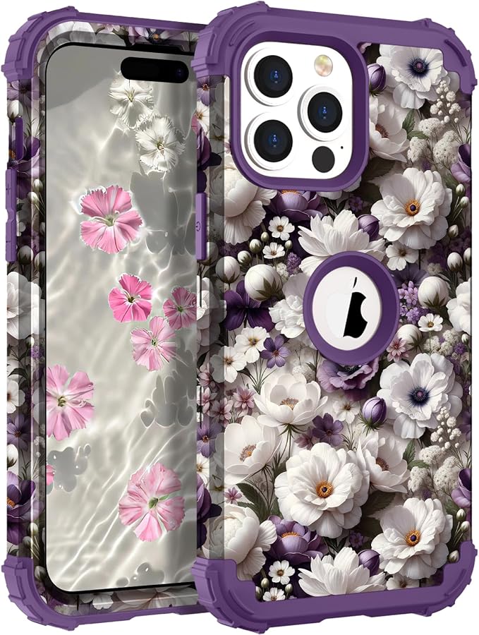 Hocase for iPhone 14 Pro Max Case, Heavy Duty Shockproof Protection Soft Silicone Rubber+Hard Plastic Bumpers Hybrid Protective Case for iPhone 14 Pro Max 2022 - White Flowers