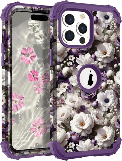 Hocase for iPhone 14 Pro Max Case, Heavy Duty Shockproof Protection Soft Silicone Rubber+Hard Plastic Bumpers Hybrid Protective Case for iPhone 14 Pro Max 2022 - White Flowers