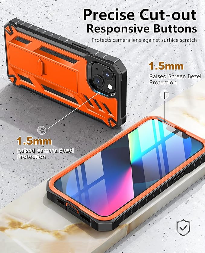 SOiOS for iPhone 13/14/15 Phone Case: for iPhone 16e Protective Cover with Built-in Kickstand | Heavy Duty Military Grade Hard Protection Shock Proof | Durable Dual-Layer Design Orange