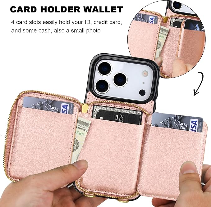 Bocasal Crossbody Wallet Case for iPhone 17 Pro, RFID Blocking PU Leather Zipper Handbag Purse Flip Cover, Kickstand Folio Case with Card Slots Holder Wrist Strap Lanyard 5G 6.3 Inch (Rose Gold)