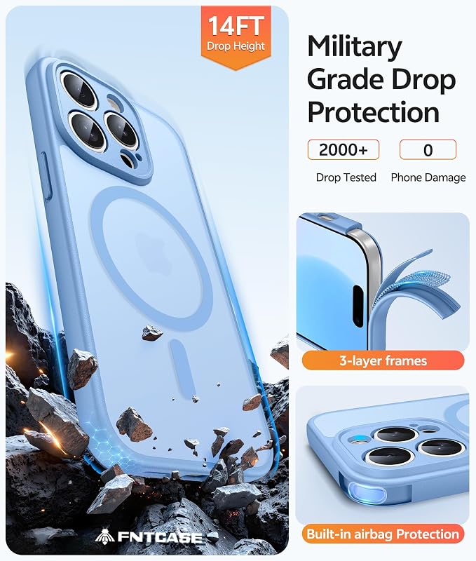 FNTCASE for iPhone 14 Pro Max Case: [Compatible with Magsafe] Translucent Matte Cases with [Full Camera Protection] [Screen Protector] Military Grade Shockproof Protective Phone Cover - Light Blue