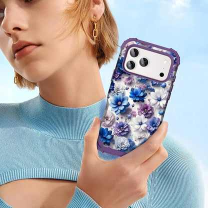 Hocase for iPhone 17 Pro Case 6.3", Heavy Duty Shockproof Protection Soft Silicone Rubber+Hard Plastic Bumpers Hybrid Protective Case for iPhone 17 Pro 2025 - Blue Purple Flowers