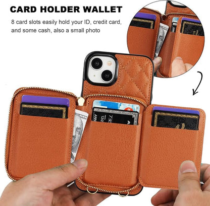 Bocasal Crossbody Wallet Case for iPhone 15 Plus, RFID Blocking PU Leather Zipper Handbag Purse Flip Cover, Kickstand Folio Case with Card Slots Holder Wrist Strap Lanyard 5G 6.7 Inch (Brown)