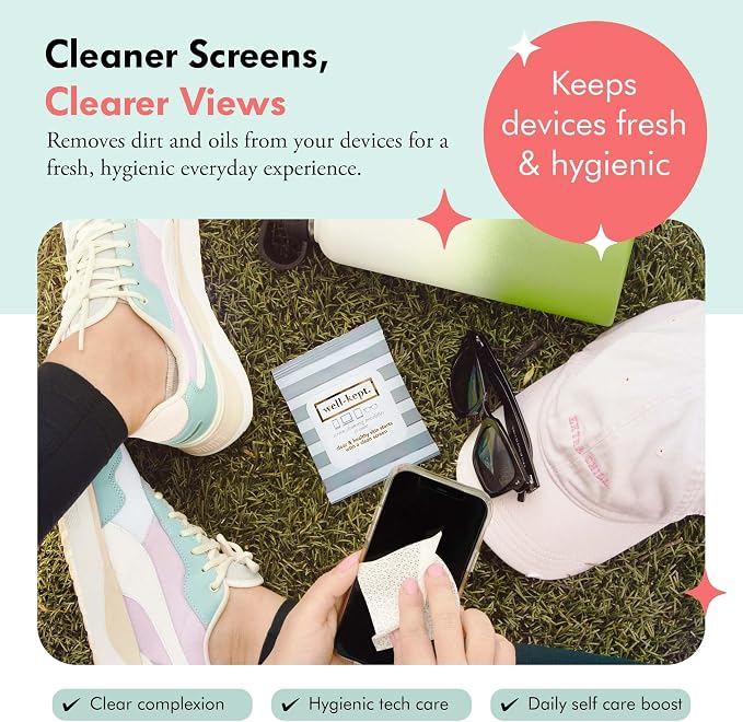 Well-Kept Tech & Lens Wipes - Eyeglass, Screen & Phone Cleaning, Multi-Surface, Lint-Free, Pre Moistened, Streak-Free & Non Scratching - Hamptons, 6 Pack (90 Count)