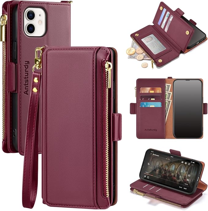 Antsturdy Compatible with iPhone 12 Wallet Case,RFID Blocking PU Leather Phone Case Women Men Kickstand Flip Cover Wrist Strap Zipper Credit Card Holder Slots,for Apple 12 Pro 6.1",Wine Red