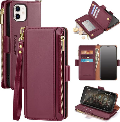 Antsturdy Compatible with iPhone 12 Wallet Case,RFID Blocking PU Leather Phone Case Women Men Kickstand Flip Cover Wrist Strap Zipper Credit Card Holder Slots,for Apple 12 Pro 6.1",Wine Red