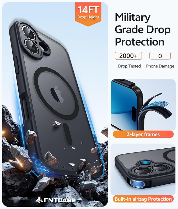 FNTCASE for iPhone 17 Case: [Compatible with Magsafe] Translucent Matte Cases with [Full Camera Protection] [Screen Protector] Military Grade Shockproof Protective Phone Cover - Black