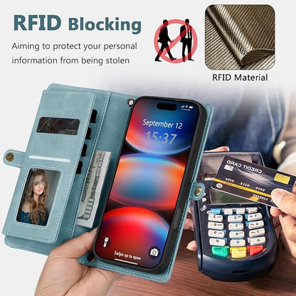Wallet Case for iPhone 17 Pro Max with Card Holder/Crossbody Wallet/Strap,[RFID Blocking][Magnetic] PU Leather Phone Case for iPhone 17 Pro Max,6.9 in,Dream Blue