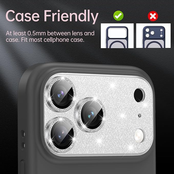for iPhone 17 Pro Max Camera Lens Protector [Anti-Scratch] [Ultra HD Clear] [Strong Adhesion] Metal Aluminum Alloy Tempered Glass Camera Screen Cover(Silver Glitter)