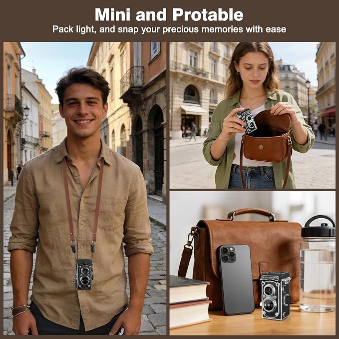 Mini Retro TLR Digital Camera, Portable 24MP 1080P FHD Vintage Point and Shoot Pocket Travel Camera with Twin Lens, Autofocus, 16X Digital Zoom, 16GB Card, for Beginners, Teens & Adults - Black