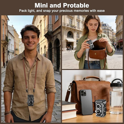Mini Retro TLR Digital Camera, Portable 24MP 1080P FHD Vintage Point and Shoot Pocket Travel Camera with Twin Lens, Autofocus, 16X Digital Zoom, 16GB Card, for Beginners, Teens & Adults - Black
