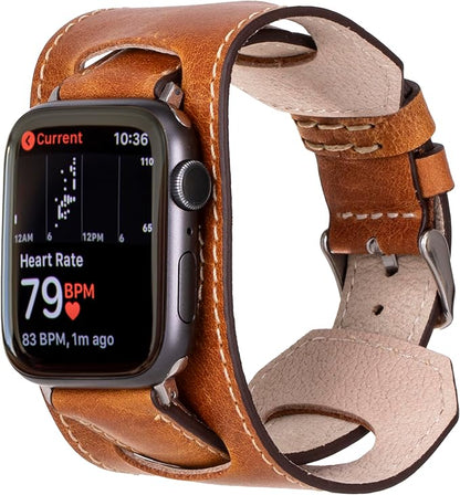 HARDISTON Cuff Watch Band Compatible with Apple 44mm for men & women, Handmade Genuine Leather, Compatible with iWatch Series 11 10 9 8 7 6 5 4 3 2 1 SE Ultra, Wrist Bracelet Band, Large/Band-Amber