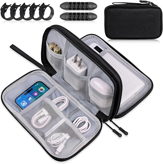Electronics Organizer Travel Case, Travel Accessories Essentials for Men Women, Cord Organizer Travel Tech Pouch, Waterproof Double Layers Storage Bag for Cable, Charger, Phone, Earphone, Black