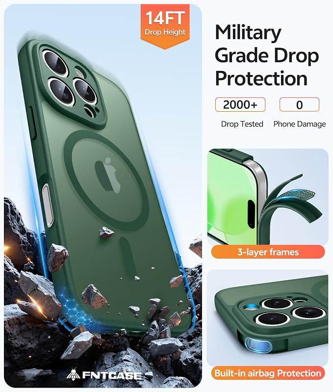 FNTCASE for iPhone 16 Pro Max Case: [Compatible with Magsafe] Translucent Matte Cases with [Full Camera Protection] [Screen Protector] Military Grade Shockproof Protective Phone Cover - Green