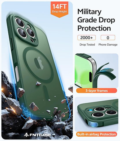 FNTCASE for iPhone 16 Pro Max Case: [Compatible with Magsafe] Translucent Matte Cases with [Full Camera Protection] [Screen Protector] Military Grade Shockproof Protective Phone Cover - Green