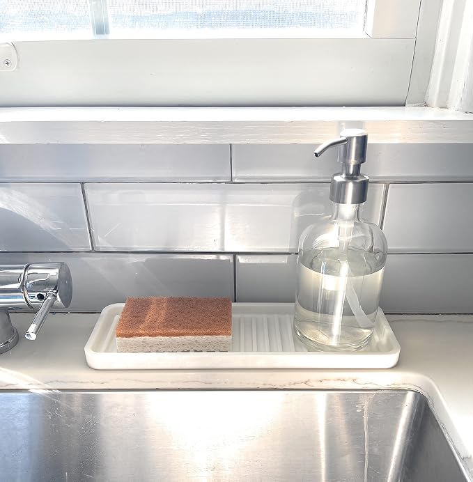 Happitasa Silicone Kitchen Sink Organizer Tray, Sponge Holder and Countertop Protector | Bathroom and Kitchen Soap Dish and Dispenser Tray (Light Grey, 12"x4")