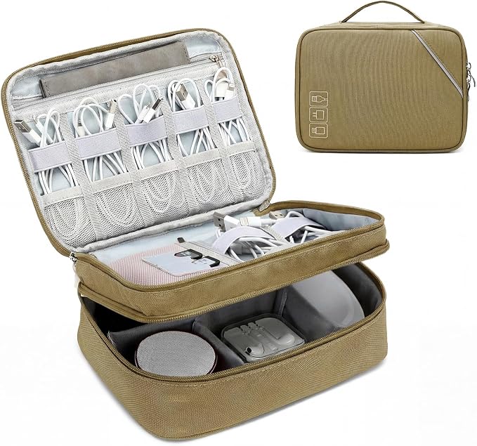 Lanola Electronic Accessories Case,Electronics Travel Organizer, Portable Double Layer Cable Storage Bag for Cord, Charger, Flash Drive, Phone, SD Card,Flash Drive,Adapter - Brown