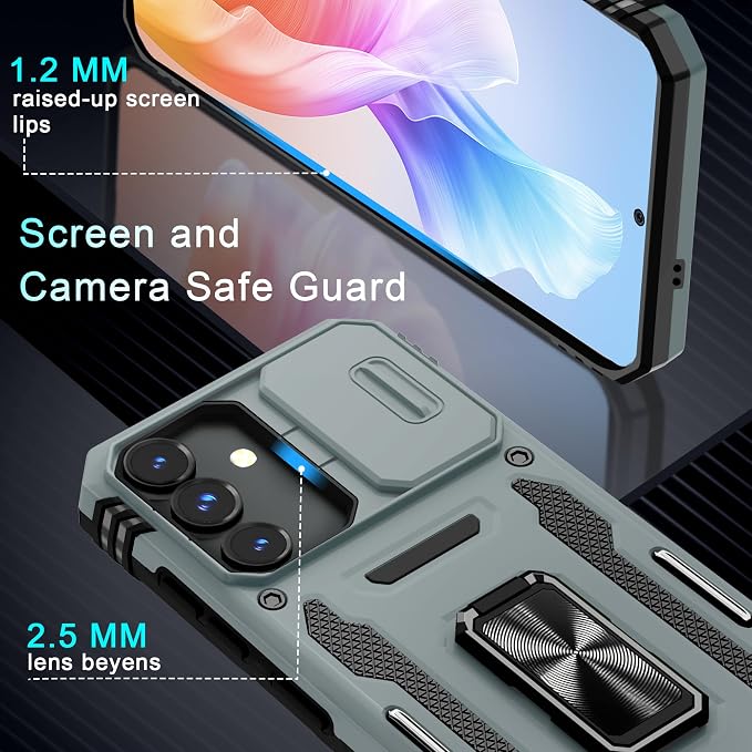 DEERLAMN Case for Samsung Galaxy S24 FE 6.7-Inch with Slide Camera Cover+Screen Protector(1 Pack), Rotated Ring Kickstand Military Grade Shockproof Protective Cover-Grey