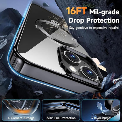 [Tri-Shield Protection] for iPhone 13/14 Case with 360° Spin Stand Compatible with MagSafe [Magnetic CD Ring] [Screen & Camera Lens Protector] Shockproof Plating Never-Yellowing, Black-6.1"