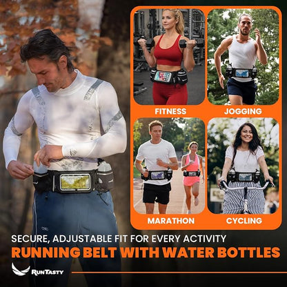 No.1 Hydration Belt by Runtasty - Premium Running Fuel Belt w/2 BPA-Free 10 oz Water Bottles, Tilt-Up Pocket w/Touchscreen-Ready Cover - Fits All iPhones, Runners Ebook & No-Bounce Design
