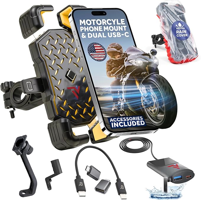 Motorcycle Phone Mount with USB Charger (3.25–7") – Waterproof Cell Phone Holder for Motorcycle, ATV, Snowmobile – 12V Dual USB-C Fast Charging – Includes Mirror Mount & Rain Cover