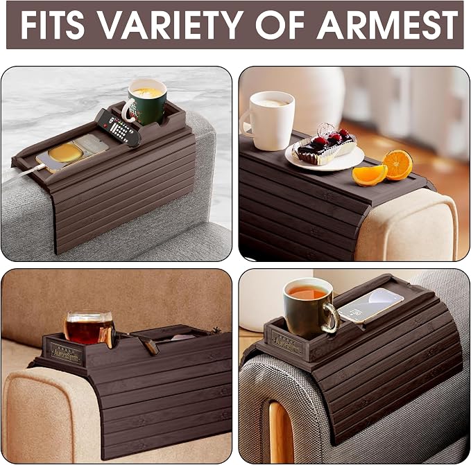Couch Cup Holder Tray with 2 Cork Coasters, Couch Caddy, Anti-Slip Foldable Armrest Sofa Tray, Couch Armrest Table, Anti-Spill Holder for Remote, Snacks, Cellphone - Ideal Gift (Walnut)