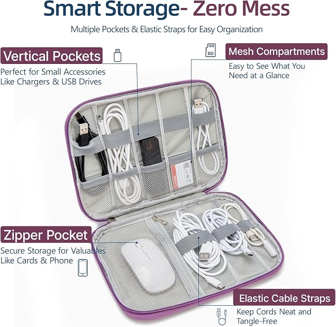 Cord Organizer Travel Case, Cable Organizer Bag for Chargers, USB Cables, Power Bank & Electronics Accessories, Portable Tech Organizer Pouch with Mesh Pockets, Water Resistant Travel Gear Bag