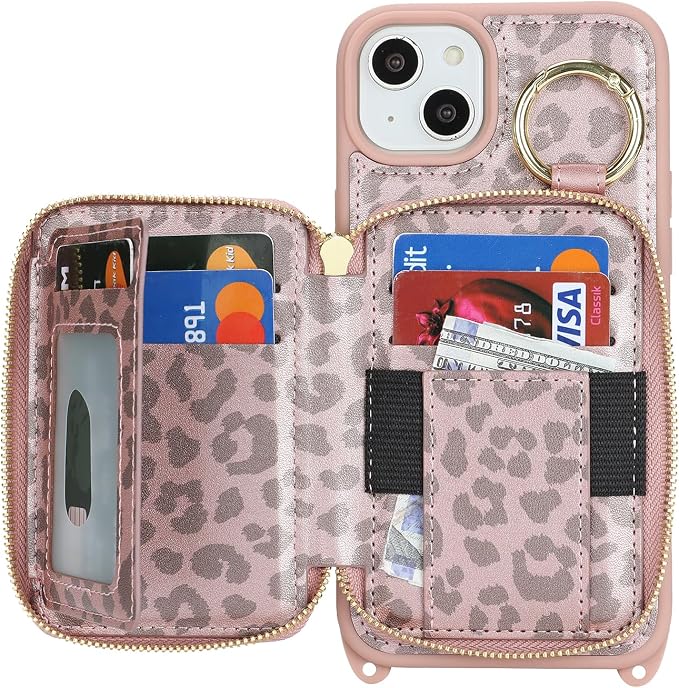 Crossbody Wallet Case for iPhone 14 Plus, PU Leather Zipper Handbag Purse Flip Cover, Kickstand Folio Case with Card Slots Holder Wrist Strap Lanyard 5G 6.7 Inch-Pink Leopard