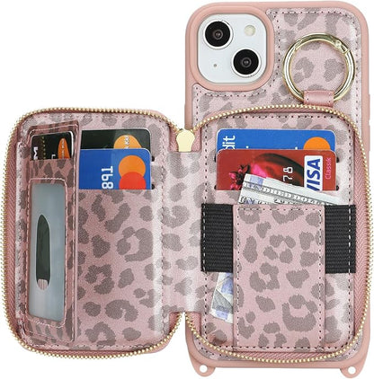 Crossbody Wallet Case for iPhone 14 Plus, PU Leather Zipper Handbag Purse Flip Cover, Kickstand Folio Case with Card Slots Holder Wrist Strap Lanyard 5G 6.7 Inch-Pink Leopard