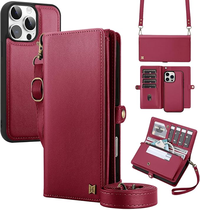 for Wallet Case Compatible with iPhone 13 Pro Max,Multi-Function Detachable 2 in 1 Magnetic iPhone 13 Pro Max Case Wallet,Flip Strap Zipper Card Holder Phone Case with Shoulder Straps (Red)