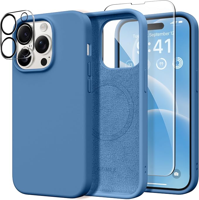 GONEZ for iPhone 14 Pro Case, Compatible with Magsafe, with Screen Protector + Camera Lens Protector, Soft Anti-Scratch Microfiber Lining, Shockproof Liquid Silicone Phone Cover, Lake Blue