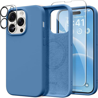 GONEZ for iPhone 14 Pro Case, Compatible with Magsafe, with Screen Protector + Camera Lens Protector, Soft Anti-Scratch Microfiber Lining, Shockproof Liquid Silicone Phone Cover, Lake Blue