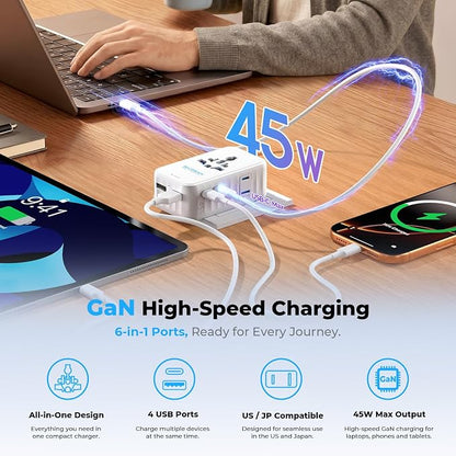 Aura 45W Ultra-Slim International Travel Adapter, 36mm Pocket-Sized 6-in-1 Universal Power Plug, PD & QC 3.0 Fast Charging Essentials for UK Europe Australia USA, 200+ Countries (Arctic White)