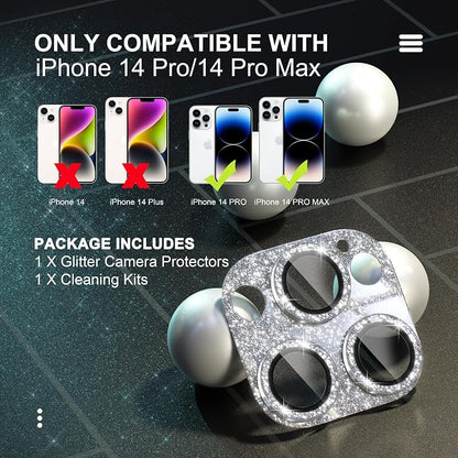 Choiche for iPhone 14 Pro/iPhone 14 Pro Max Camera Lens Protector, Bling Camera Cover with 9H Tempered Glass Lens Screen Protector Metal Ring Decoration Accessories (Glitter-Silver)