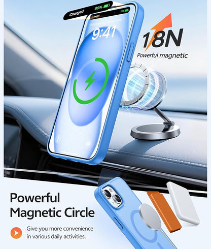 FNTCASE for iPhone 15 Case: for iPhone 14 Case & iPhone 13 Case [Compatible with Magsafe] Translucent Matte Cases with [Screen Protector] Military Grade Shockproof Protective Phone Cover - Ice Blue