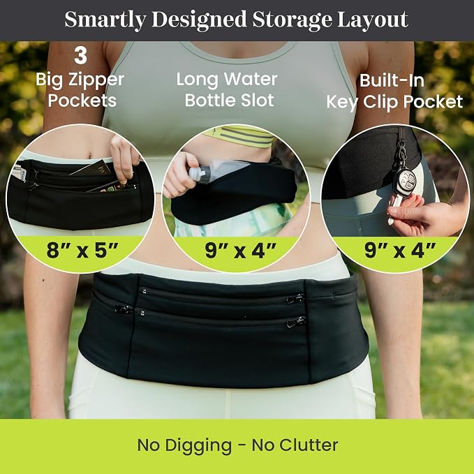 StashBandz Adjustable Running Belt - 3 Zippered Pockets + Water Bottle Holder, No-Bounce Travel Money Belt, Sports Fanny Pack, Waist Pack with Key Clip, Fits Any Size Phone, Passport & More