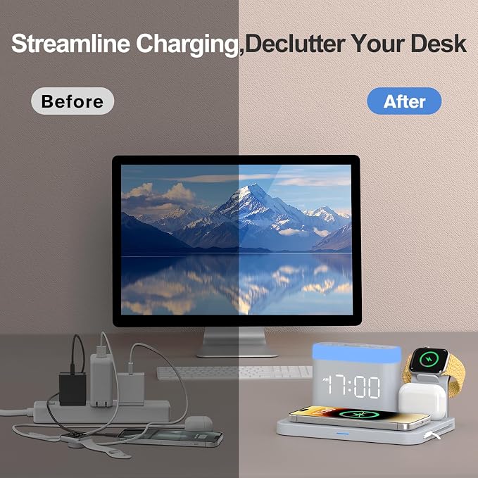 ANJANK Wireless Charging Station with Alarm Clock & Night Light,Magnetic 5 in 1 Charger Stand for Multiple-Device,Charging Dock for iPhone 17 16 15 14 13 12 Pro Max Plus,Apple Watch,Airpods,Nightstand