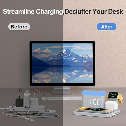 ANJANK Wireless Charging Station with Alarm Clock & Night Light,Magnetic 5 in 1 Charger Stand for Multiple-Device,Charging Dock for iPhone 17 16 15 14 13 12 Pro Max Plus,Apple Watch,Airpods,Nightstand