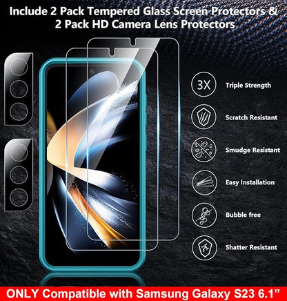 SPIDERCASE Designed for Samsung Galaxy S23 Case, [10 FT Military Grade Drop Protection], 2 Pack [Tempered Glass Screen Protector+Camera Lens Protector] Heavy Duty Shockproof Case, Light Blue