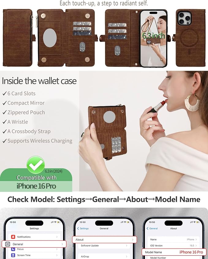 Crossbody Wallet Case for iPhone 16 Pro with Mirror, Wrist Strap, Zipper Purse Magnetic Flip RFID Blocking Card Holder, Wireless Charging, PU Leather Shockproof 6.3" Women (Brown)