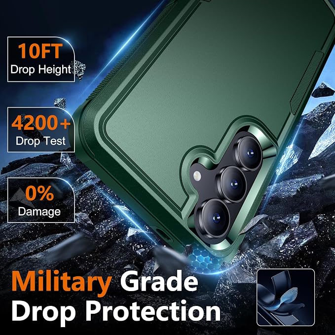 SPIDERCASE Designed for Samsung Galaxy S25 FE Case,[10 FT Military Grade Drop Protection],2 Pack [Tempered Glass Screen Protector+Camera Lens Protector] Heavy Duty Shockproof Case,Deep Green