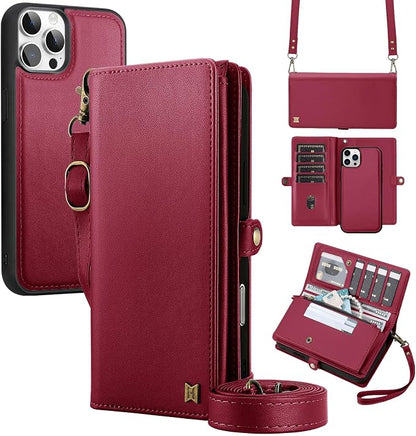 for Wallet Case Compatible with iPhone 12 Pro Max,Multi-Function Detachable 2 in 1 Magnetic iPhone 12 Pro Max Case Wallet,Flip Strap Zipper Card Holder Phone Case with Shoulder Straps (Red)