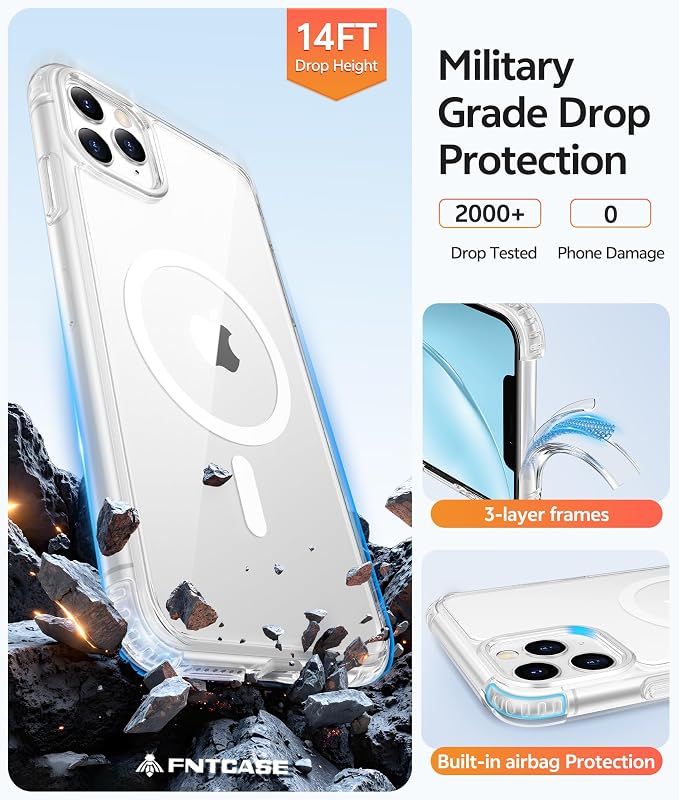 FNTCASE for iPhone 11 Pro Max Case Clear, Fit for Magsafe, Anti Yellowing | Magnetic Phone Cases, 14FT Military Grade Drop Protection, Slim Shockproof Protective Cover, Transparent
