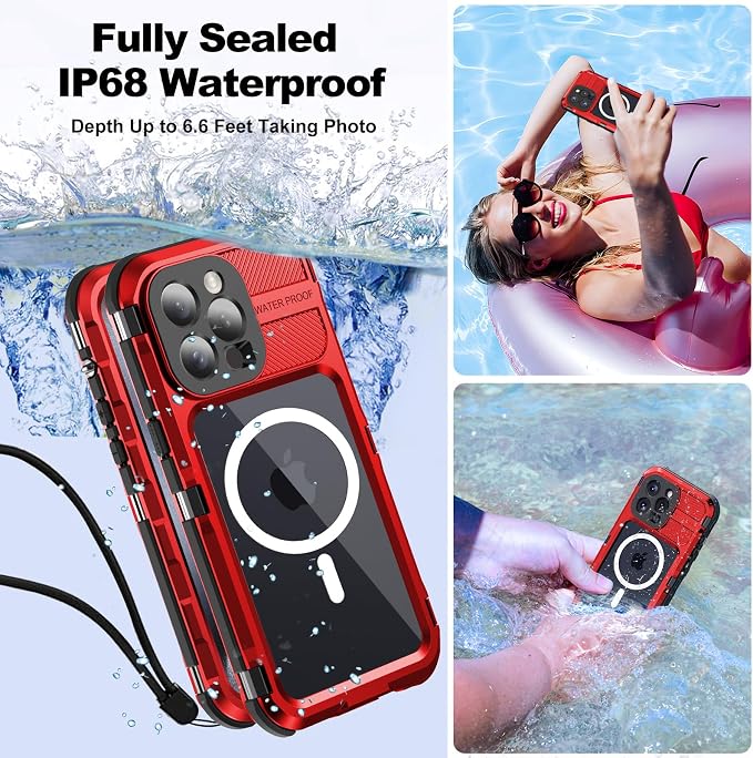 WIFORT for iPhone 15 Pro Waterproof Case - Metal Heavy Duty Full Body Protective Cover Built-in Screen Protector, IP68 Water Proof Military Grade Shockproof Rugged Drop Defender Phone case 6.1" Red