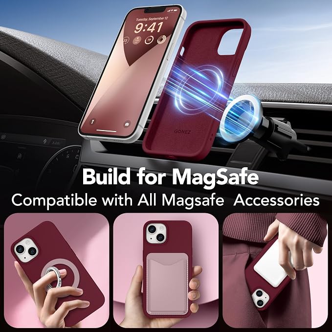 GONEZ Magnetic for iPhone 14 Case, Compatible with Magsafe, with Screen Protector + Camera Protector, Anti-Scratch Microfiber Lining, Liquid Silicone Shockproof Protective Phone Case, Maroon