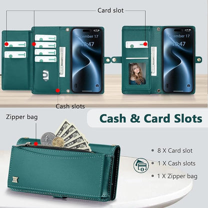 Wallet Case for iPhone 15 Pro Max with Card Holder/Crossbody Wallet/Strap| RFID Blocking | Magnetic | Kickstand | Detachable | PU Leather Phone Case for iPhone 15 Pro Max,6.7 in,Green