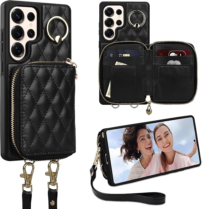 Keallce Case for Samsung Galaxy S25 Ultra 6.9'' Wallet Case,Crossbody Zipper Galaxy S25 Ultra Purse Wrist Strap Lanyard Handbag,RFID Blocking Card Slots,Flip Leather Cover for Samsung S25 Ultra,Black
