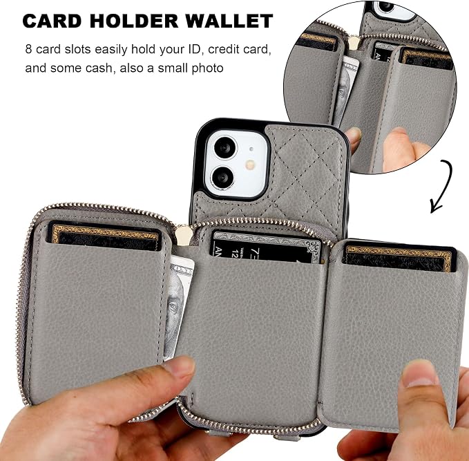 Bocasal Crossbody Wallet Case for iPhone 12/12 Pro, RFID Blocking PU Leather Zipper Handbag Purse Flip Cover, Kickstand Folio Case with Card Slots Holder Wrist Strap Lanyard 5G 6.1 Inch (Grey)