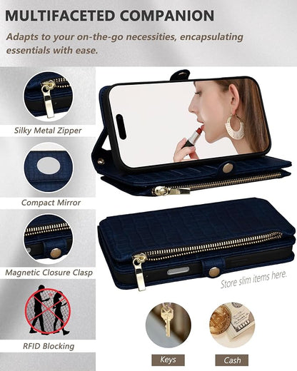 Crossbody Wallet Case for iPhone 17 Pro Max with Mirror, Wrist Strap, Zipper Purse Magnetic Flip, RFID Blocking Card Holder, Wireless Charging, PU Leather Shockproof 6.9" Women (Navy Blue)